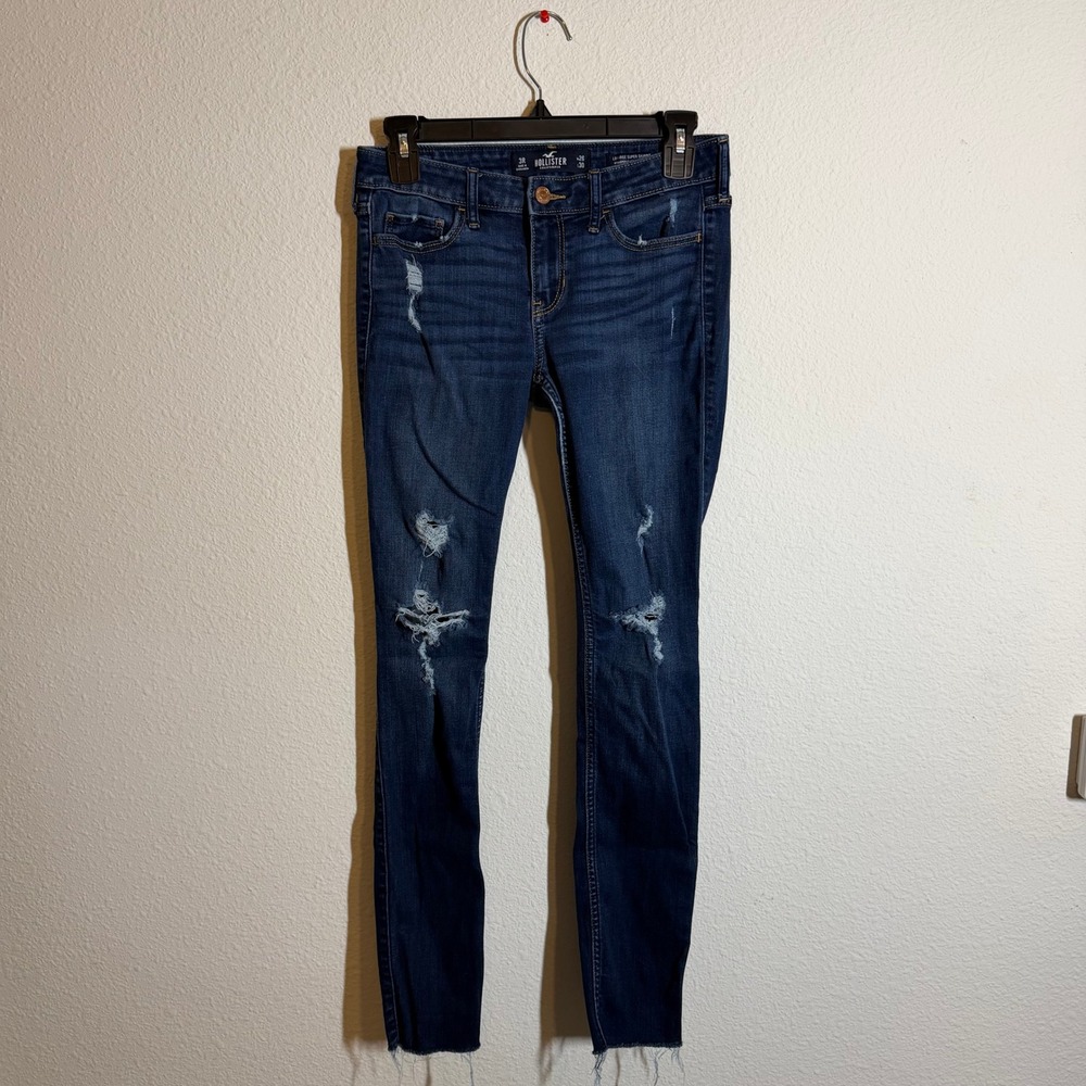 Hollister Low Rise Super Skinny Distressed Jeans Dark Wash Raw Hem 3R W26 L30‎